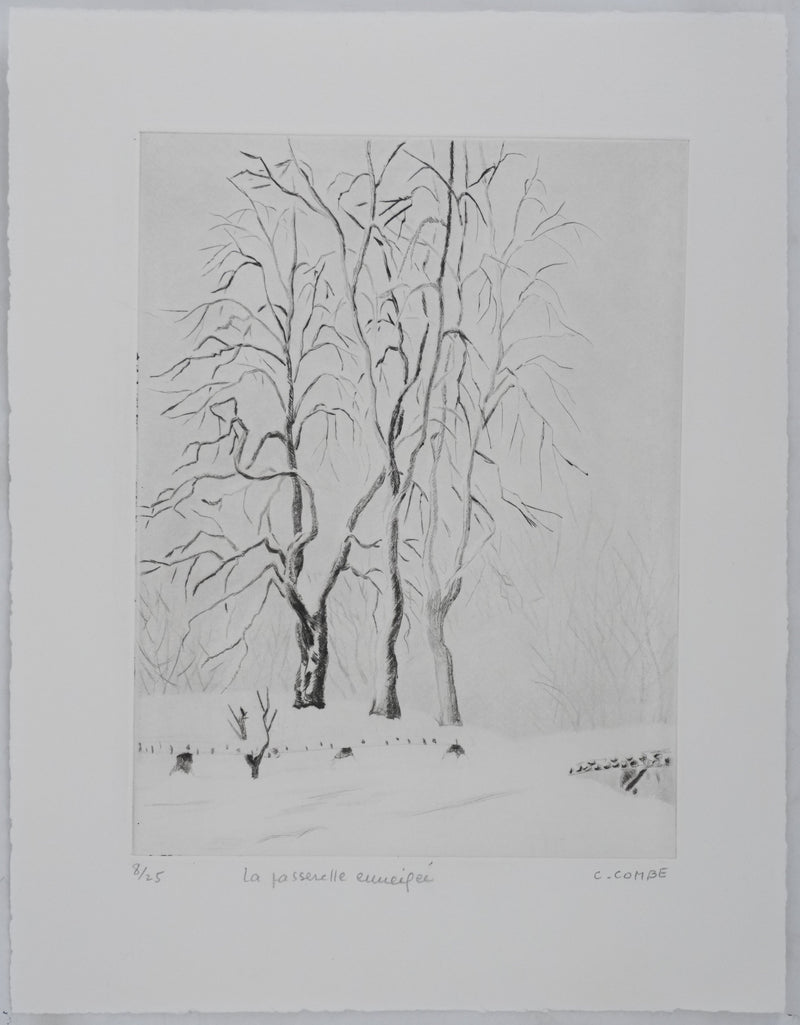 Camille COMBE : La passerelle enneigée, Gravure originale signée