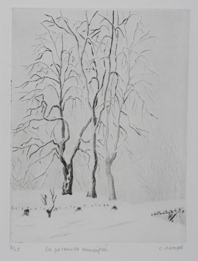 Camille COMBE : La passerelle enneigée, Gravure originale signée