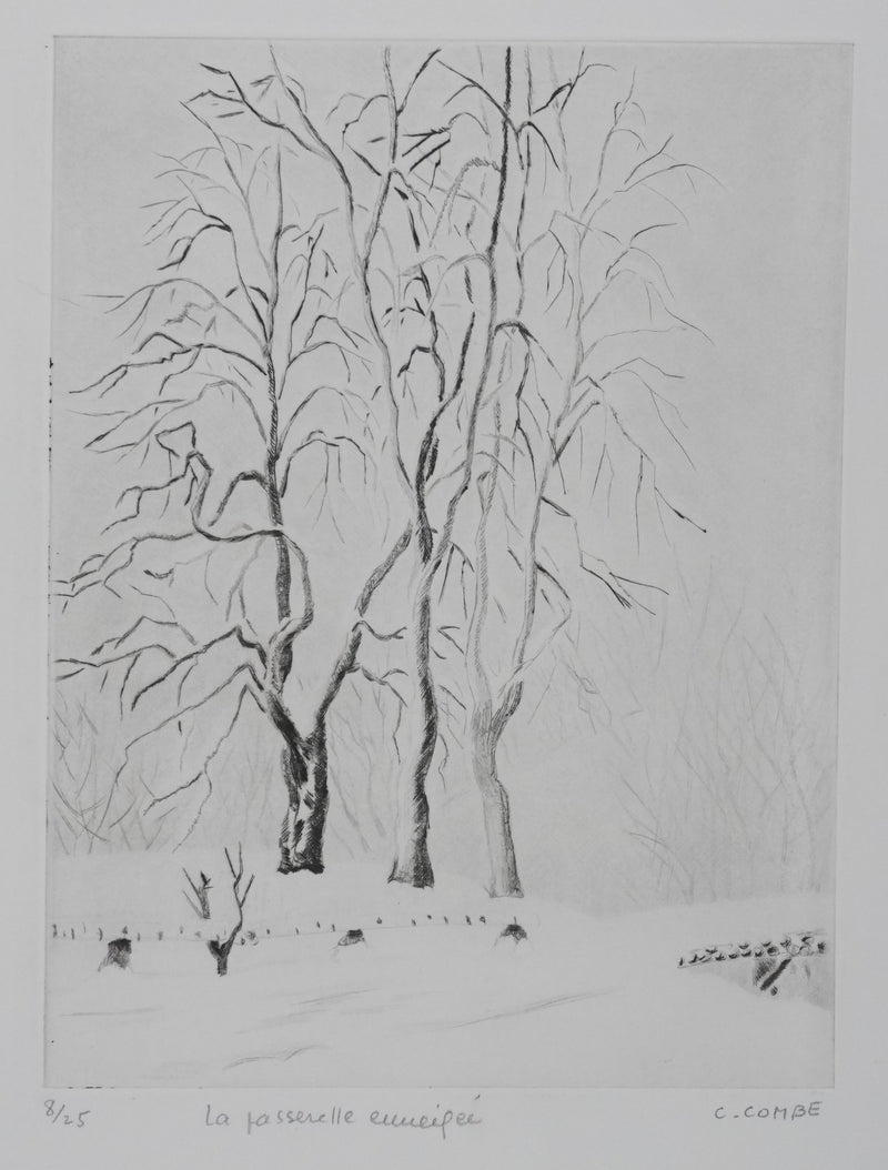 Camille COMBE : La passerelle enneigée, Gravure originale signée