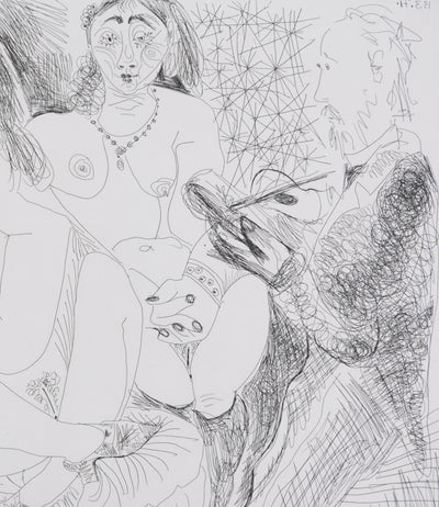 Pablo PICASSO : Les 156, Degas, en jaquette, se dessinant lui-même…, Gravure originale signée