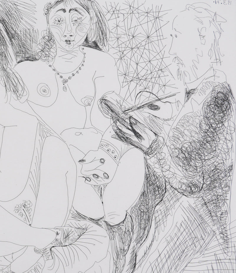 Pablo PICASSO : Les 156, Degas, en jaquette, se dessinant lui-même…, Gravure originale signée