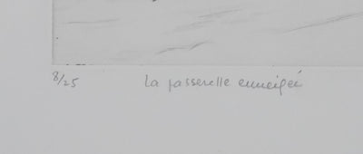 Camille COMBE : La passerelle enneigée, Gravure originale signée