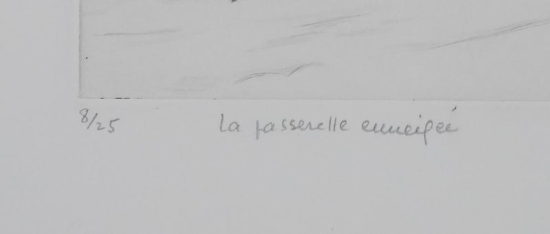 Camille COMBE : La passerelle enneigée, Gravure originale signée