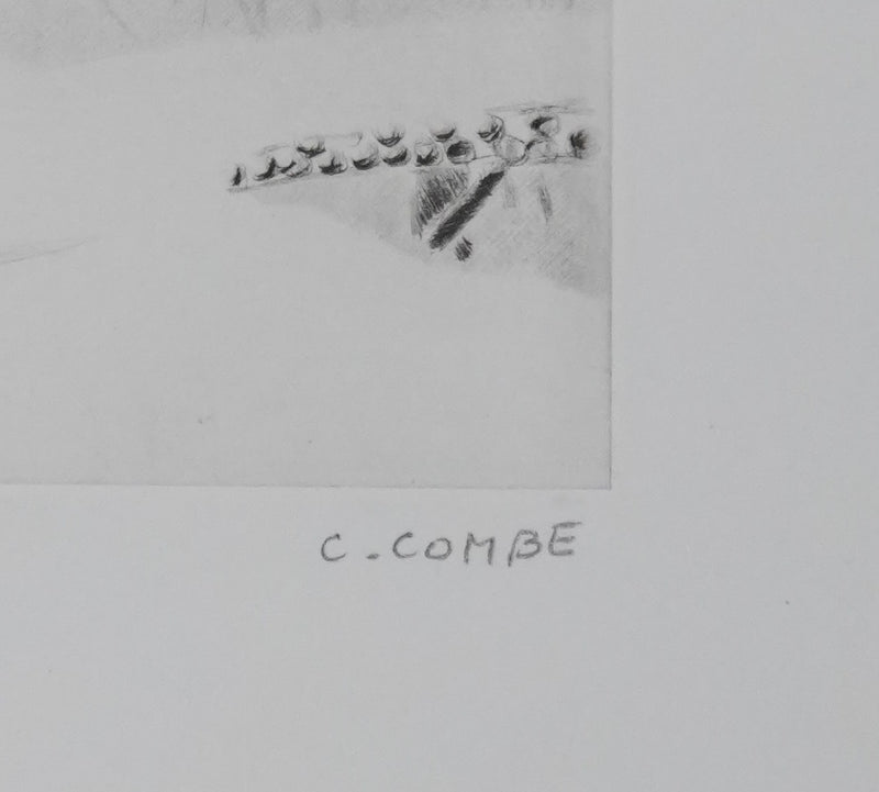 Camille COMBE : La passerelle enneigée, Gravure originale signée