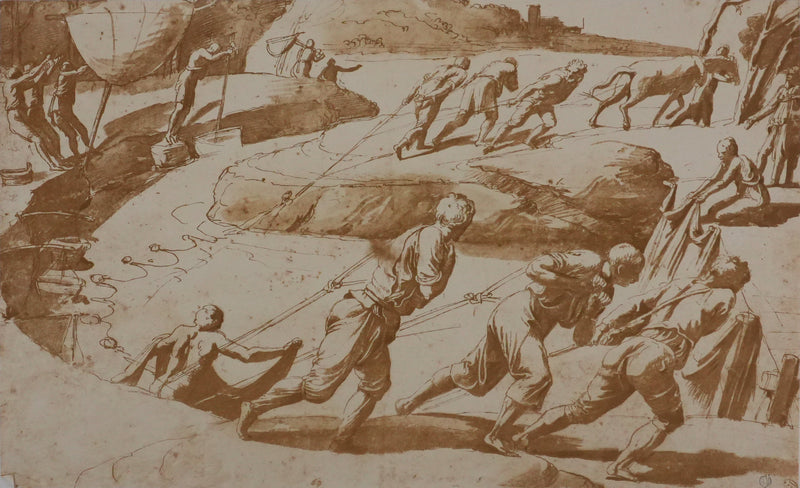 Giulio ROMANO : Les pécheurs retirant le filet, Lithographie