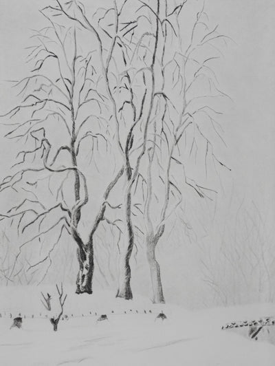 Camille COMBE : La passerelle enneigée, Gravure originale signée