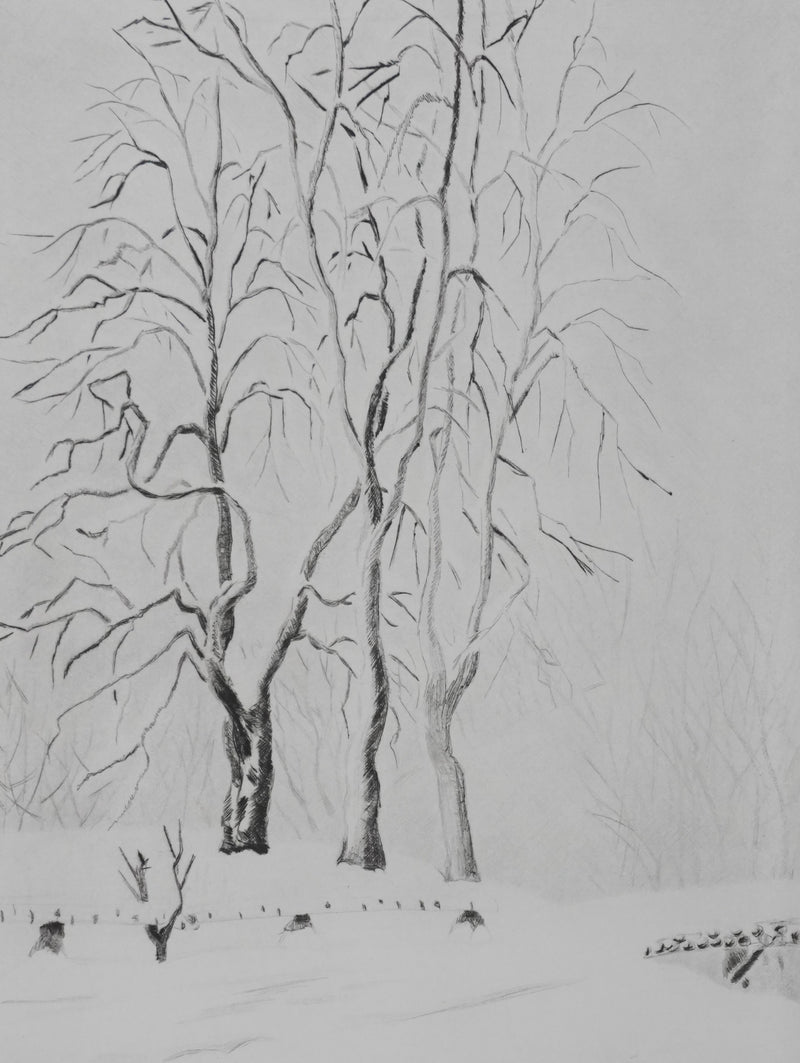 Camille COMBE : La passerelle enneigée, Gravure originale signée