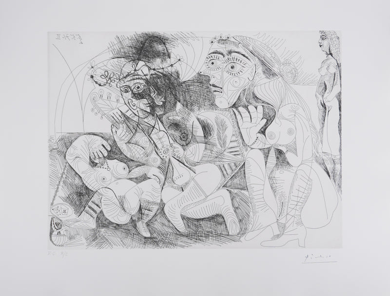 Pablo PICASSO : Les 156, Filles entre elles. La récréation en musique, Gravure originale signée