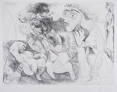 Pablo PICASSO : Les 156, Filles entre elles. La récréation en musique, Gravure originale signée