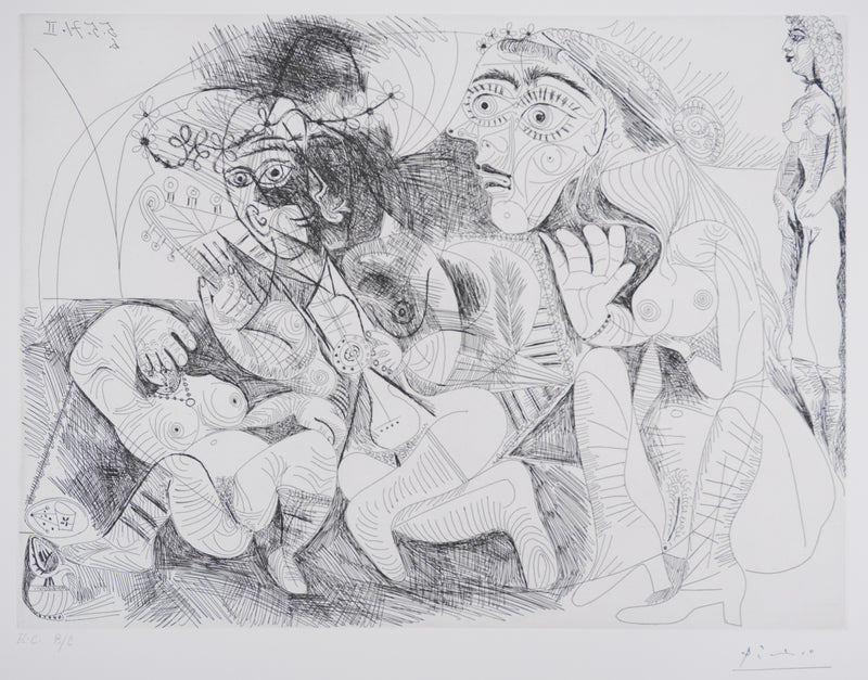 Pablo PICASSO : Les 156, Filles entre elles. La récréation en musique, Gravure originale signée