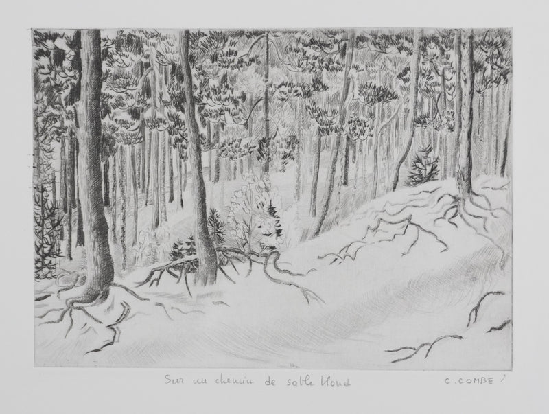 Camille COMBE : Sur un chemin de sable blond, Gravure originale signée