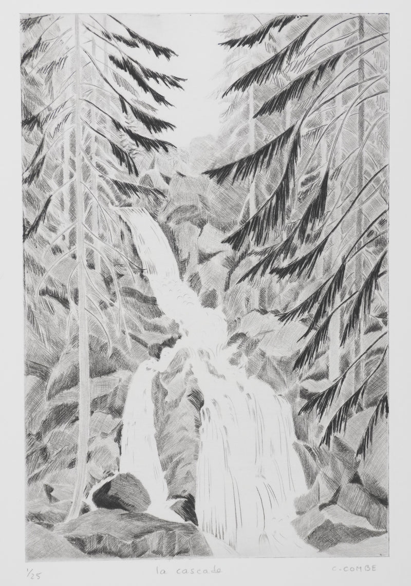 Camille COMBE : La cascade, Gravure originale signée
