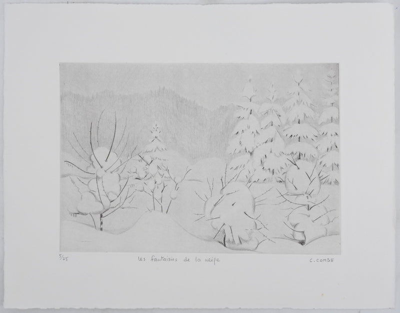 Camille COMBE : Les fantaisies de la neige, Gravure originale signée