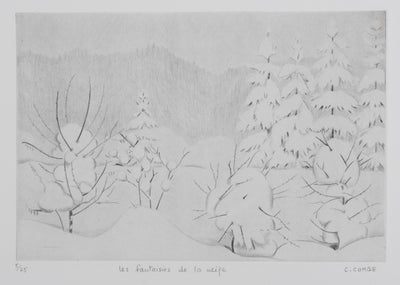 Camille COMBE : Les fantaisies de la neige, Gravure originale signée