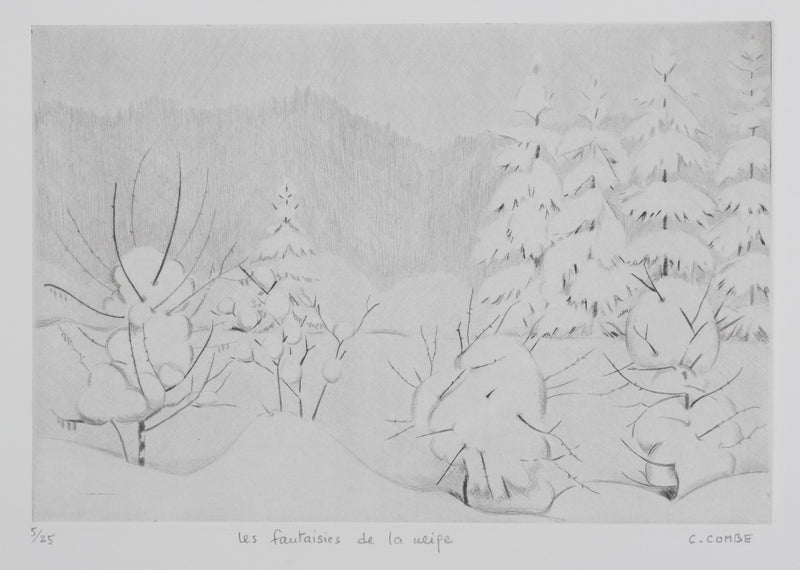 Camille COMBE : Les fantaisies de la neige, Gravure originale signée