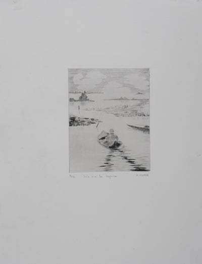 Camille COMBE : Grado : soir sur la lagune, Gravure originale signée