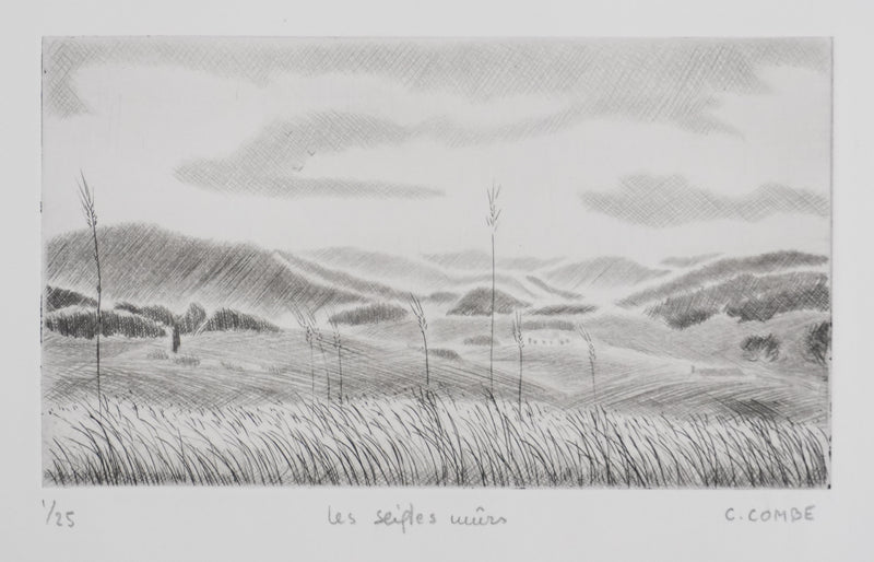 Camille COMBE : Les seigles mûrs, Gravure originale signée