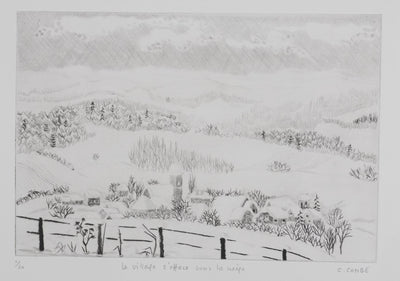 Camille COMBE : Le village s'efface sous la neige, Gravure originale signée