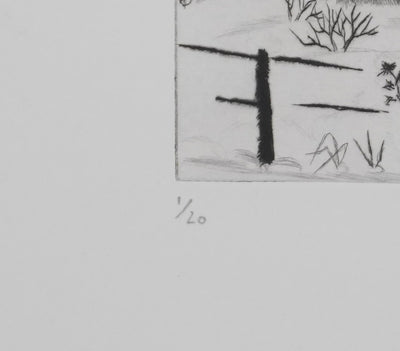 Camille COMBE : Le village s'efface sous la neige, Gravure originale signée