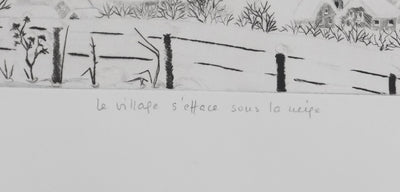 Camille COMBE : Le village s'efface sous la neige, Gravure originale signée