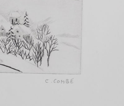 Camille COMBE : Le village s'efface sous la neige, Gravure originale signée