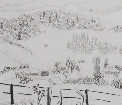 Camille COMBE : Le village s'efface sous la neige, Gravure originale signée
