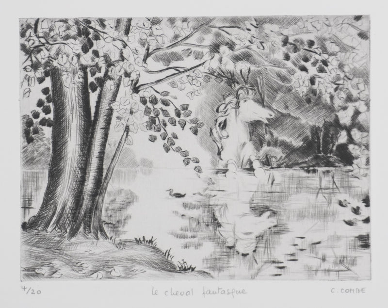 Camille COMBE : Le cheval fantastique, Gravure originale signée