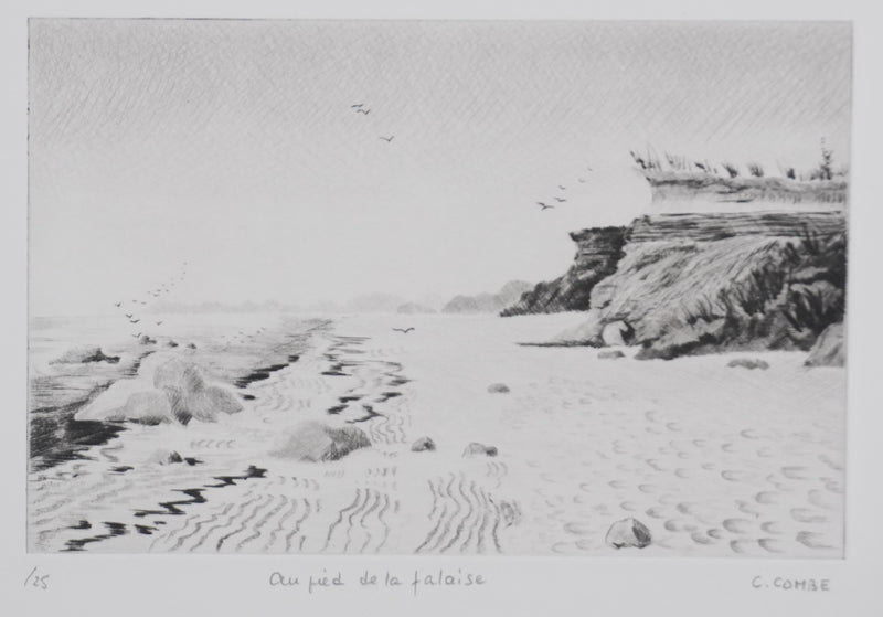 Camille COMBE : Au pied de la falaise, Gravure originale signée