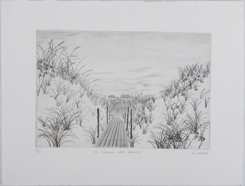 Camille COMBE : Le chemin des dunes, Gravure originale signée
