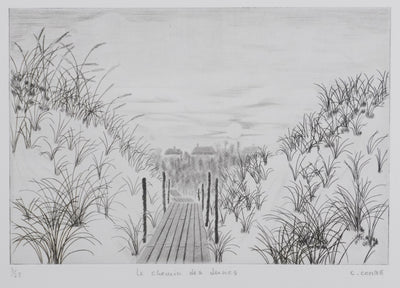 Camille COMBE : Le chemin des dunes, Gravure originale signée
