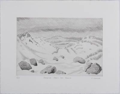 Camille COMBE : Surprise dans les dunes, Gravure originale signée