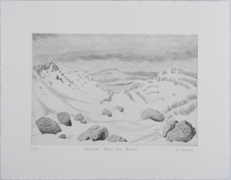 Camille COMBE : Surprise dans les dunes, Gravure originale signée