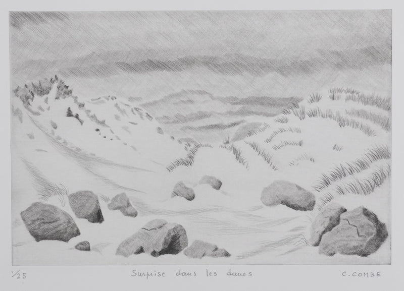 Camille COMBE : Surprise dans les dunes, Gravure originale signée