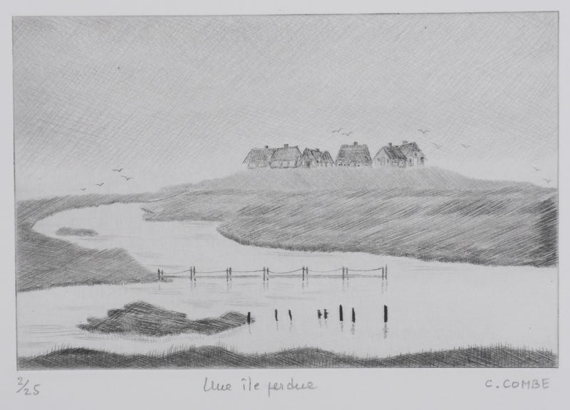 Camille COMBE : Une île perdue, Gravure originale signée