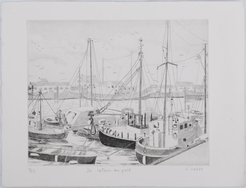 Camille COMBE : De retour au port, Gravure originale signée