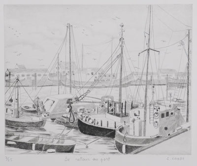 Camille COMBE : De retour au port, Gravure originale signée