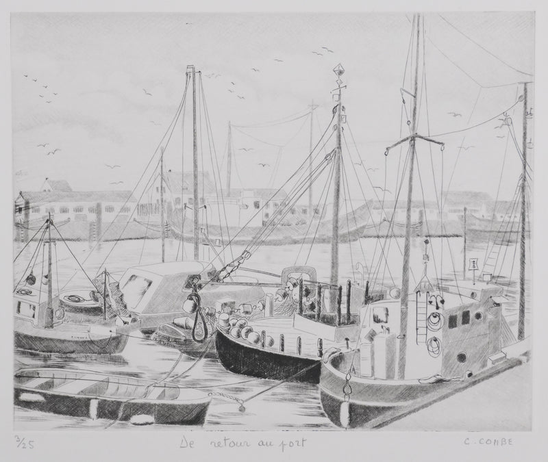 Camille COMBE : De retour au port, Gravure originale signée