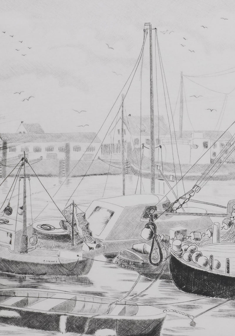 Camille COMBE : De retour au port, Gravure originale signée