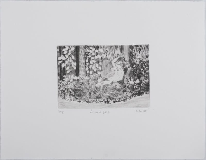 Camille COMBE : Dans le parc, Gravure originale signée