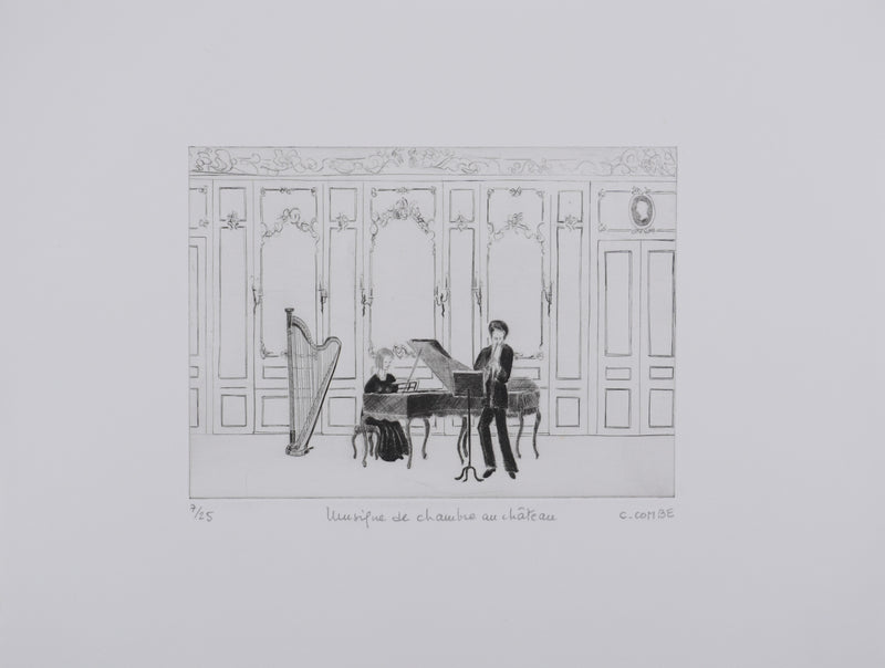 Camille COMBE : Musique de chambre au château, Gravure originale signée