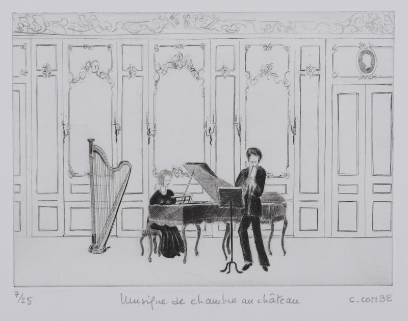 Camille COMBE : Musique de chambre au château, Gravure originale signée