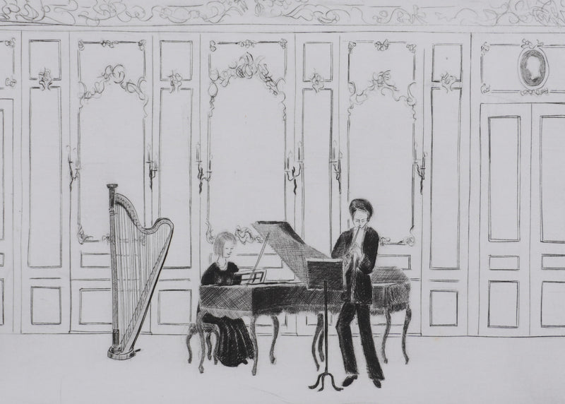Camille COMBE : Musique de chambre au château, Gravure originale signée