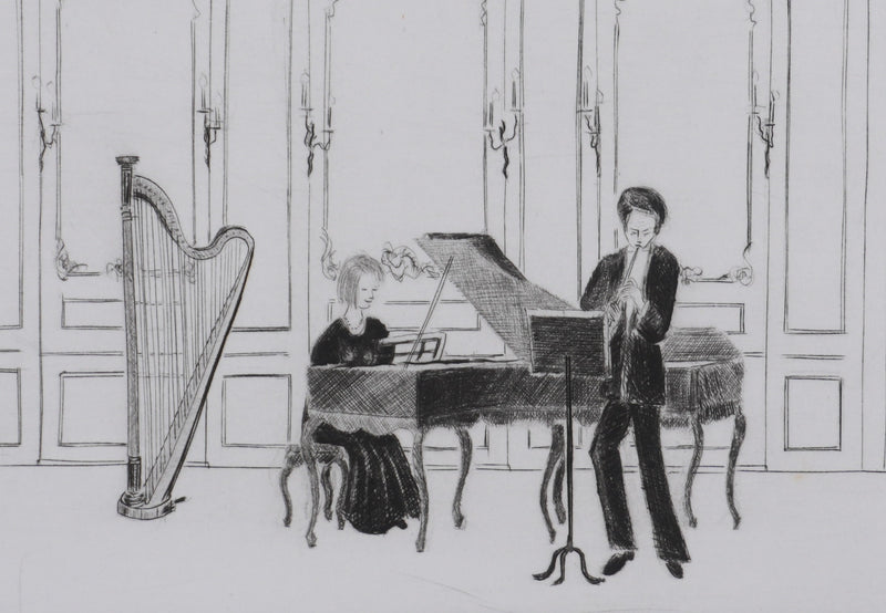 Camille COMBE : Musique de chambre au château, Gravure originale signée