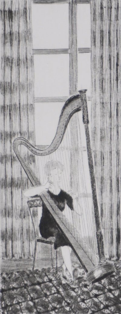 Camille COMBE : L'harpiste, Gravure originale signée