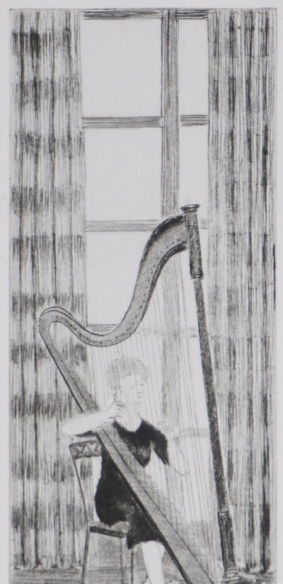 Camille COMBE : L'harpiste, Gravure originale signée