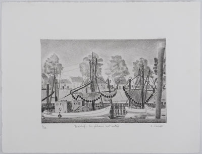 Camille COMBE : Tönning les pêcheurs sont rentrés, Gravure originale signée