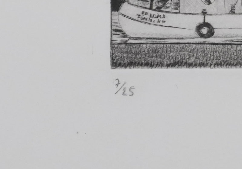 Camille COMBE : Tönning les pêcheurs sont rentrés, Gravure originale signée
