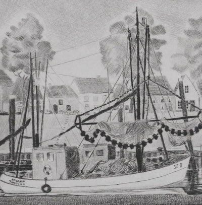 Camille COMBE : Tönning les pêcheurs sont rentrés, Gravure originale signée