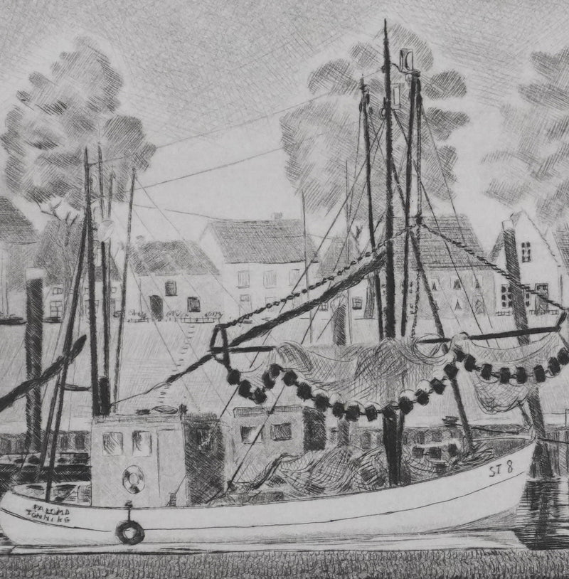 Camille COMBE : Tönning les pêcheurs sont rentrés, Gravure originale signée