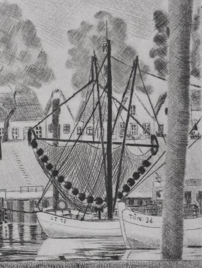 Camille COMBE : Tönning les pêcheurs sont rentrés, Gravure originale signée